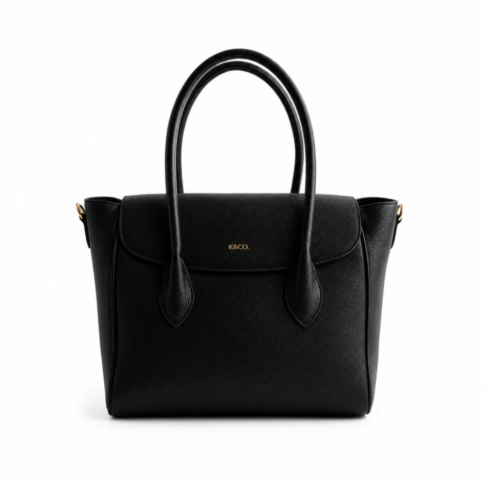 K&Co. Genuine Leather Flapover Satchel Bag - BLACK