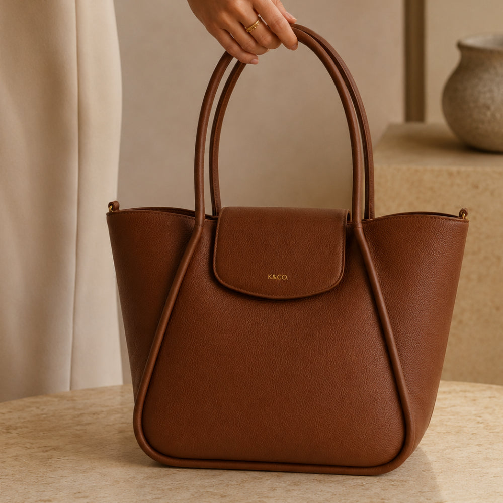 K&Co. Genuine Leather Flapover Tote Bag - TAN