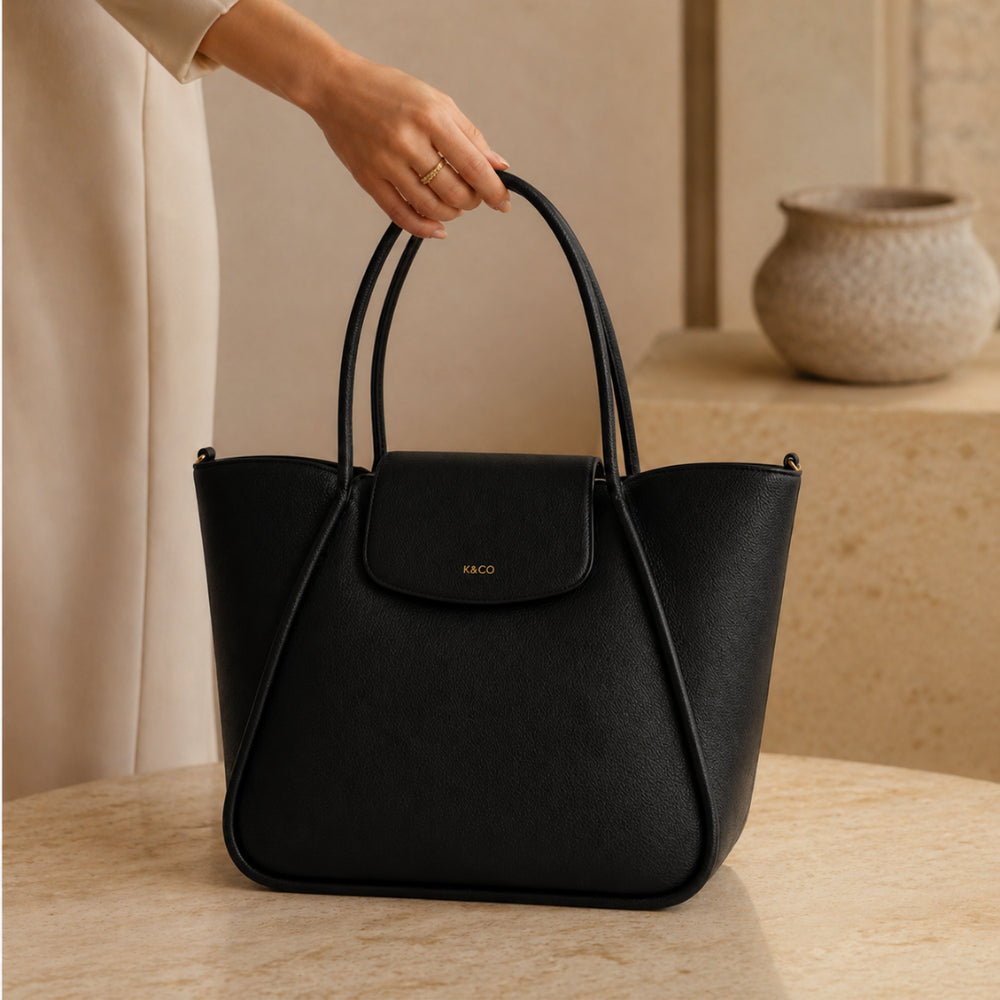 K&Co. Genuine Leather Flapover Tote Bag - BLACK