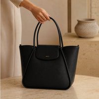 K&Co. Genuine Leather Flapover Tote Bag - BLACK