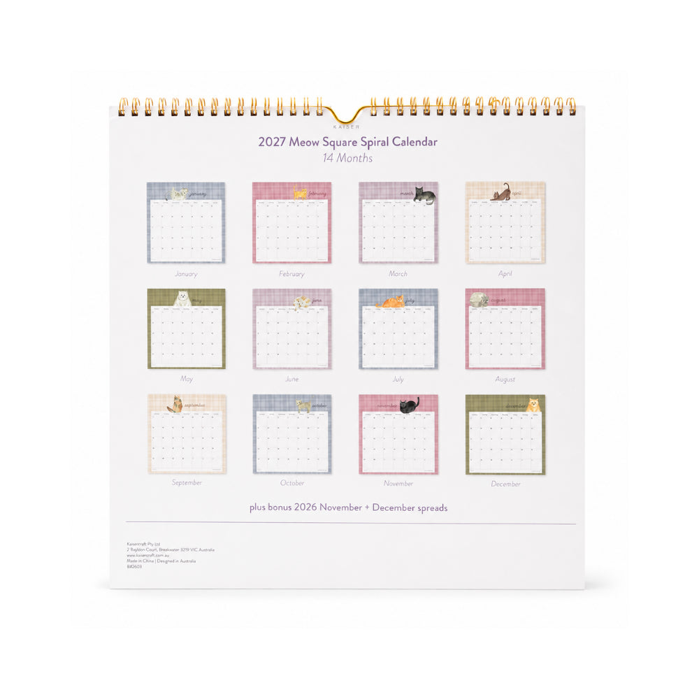 2027 Square Spiral Calendar - MEOW