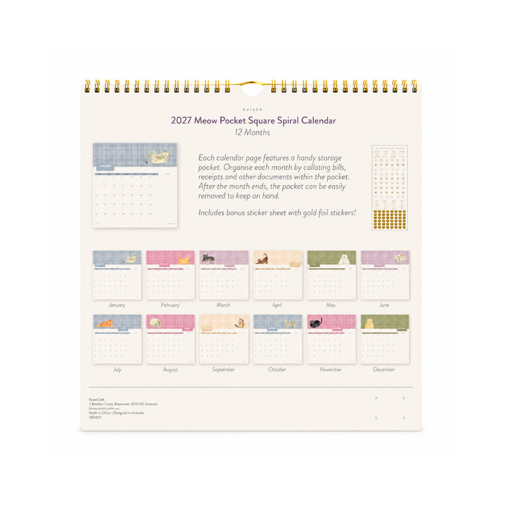 2027 Pocket Square Spiral Calendar - MEOW
