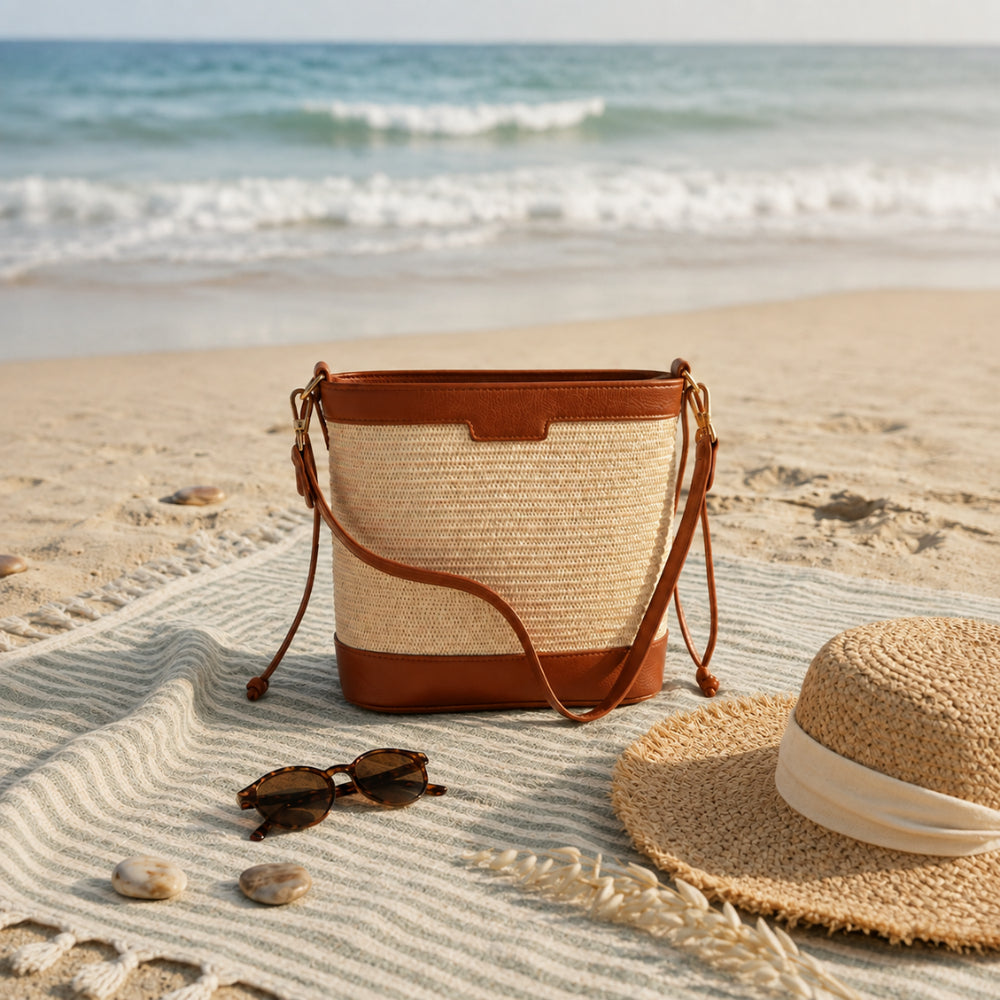 K&Co. Sunset Spritz Series Drawstring Straw Bucket Bag - LIGHT