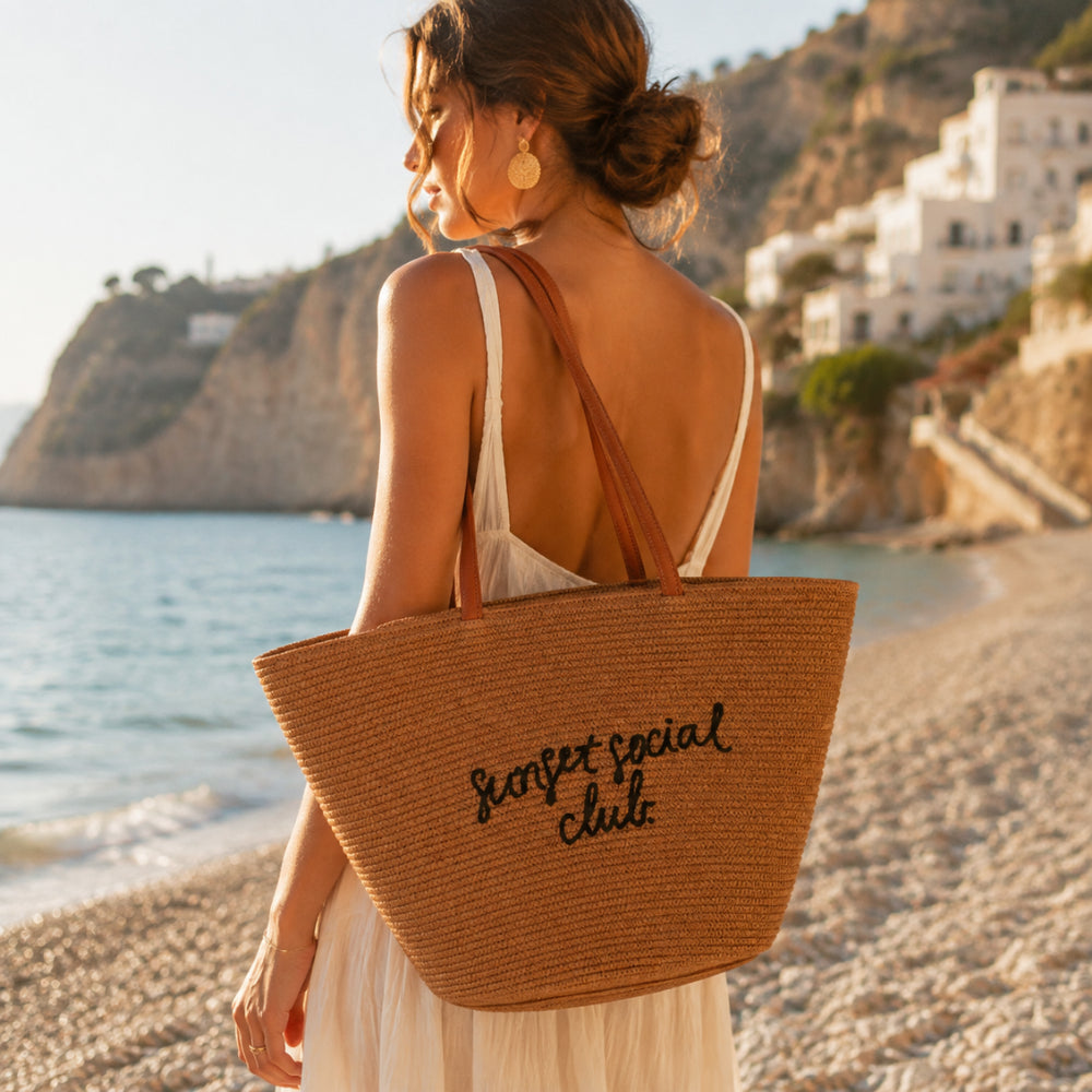 K&Co. Sunset Spritz Series Straw Tote Bag - SUNSET SOCIAL CLUB
