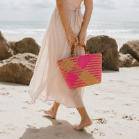 K&Co. Sunset Spritz Series Bamboo Handle Tote Bag - PINK SORBET