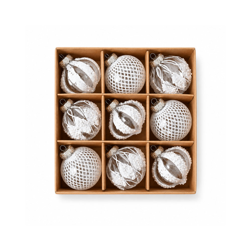 Plum Pudding Christmas Glitter Ornaments 9pk 8cm Silver