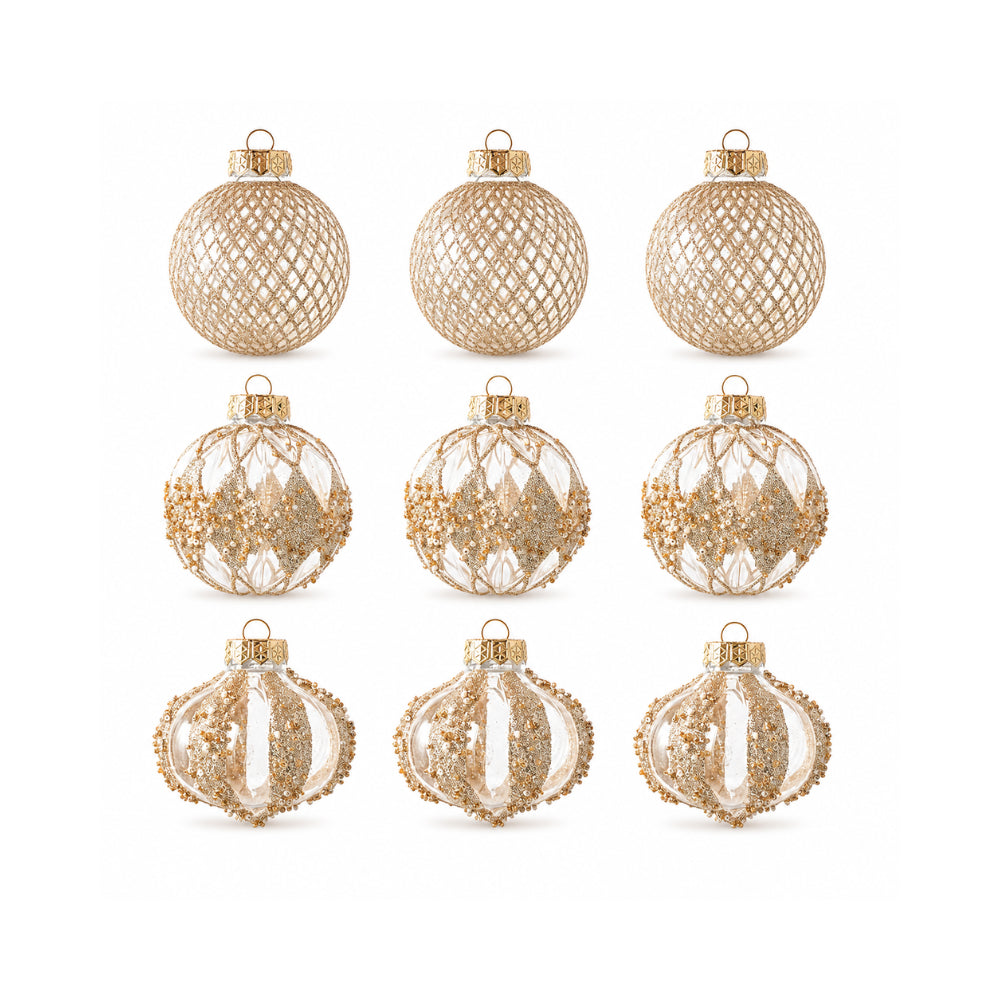Plum Pudding Christmas Glitter Ornaments 9pk 8cm Gold