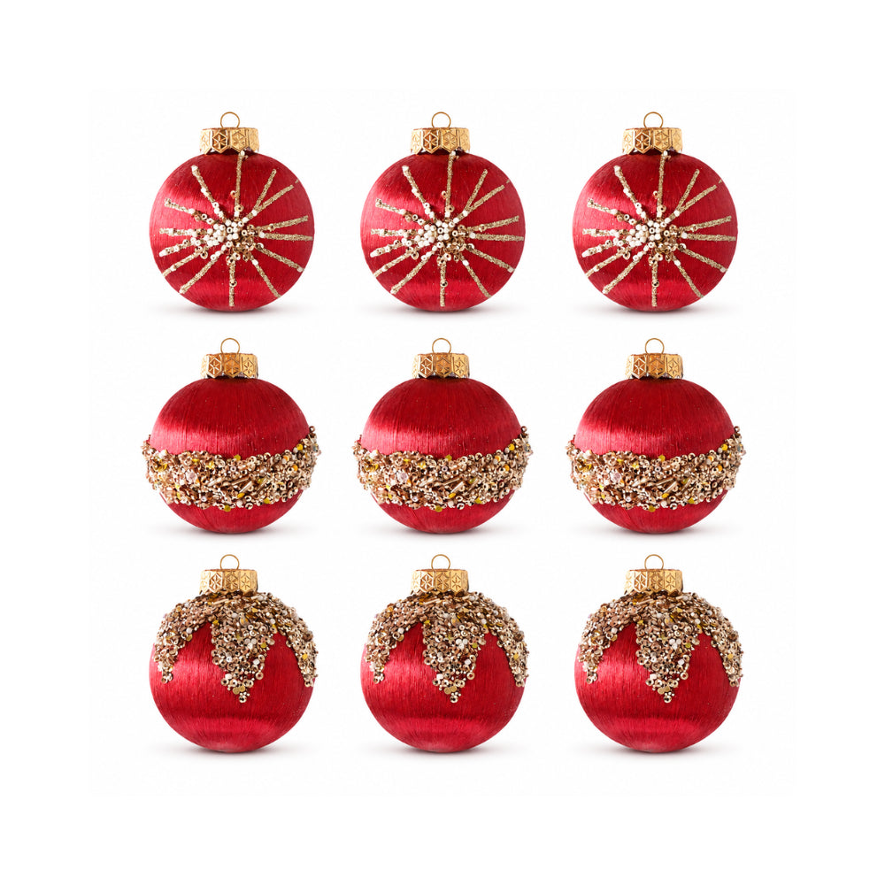 Plum Pudding Christmas Threaded Ornaments 9pk 8cm Red