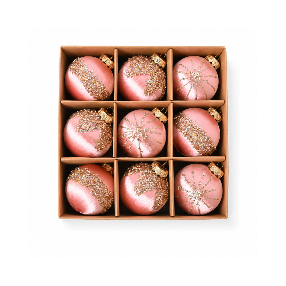 Plum Pudding Christmas Threaded Ornaments 9pk 8cm Blush Pink