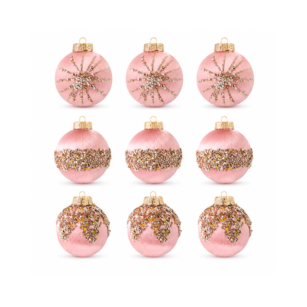 Plum Pudding Christmas Threaded Ornaments 9pk 8cm Blush Pink