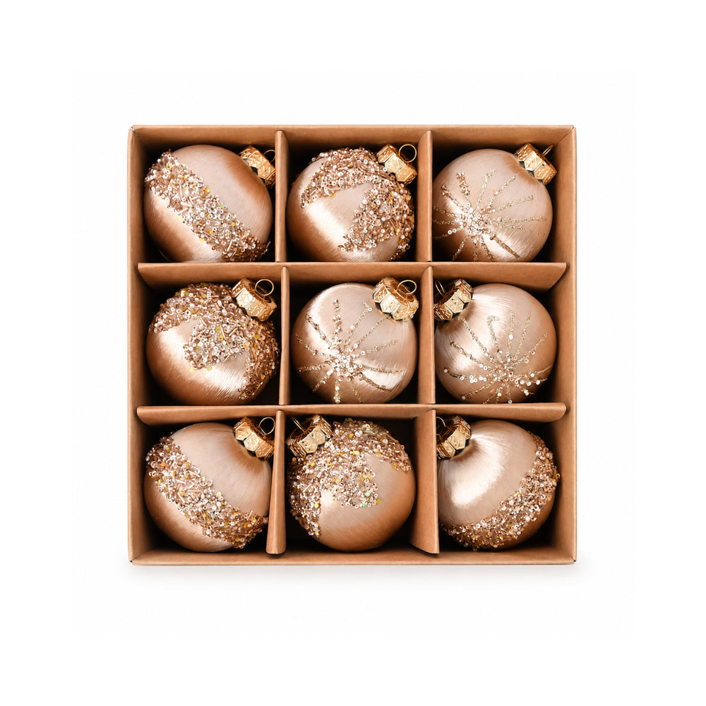 Plum Pudding Christmas Threaded Ornaments 9pk 8cm Champagne Gold