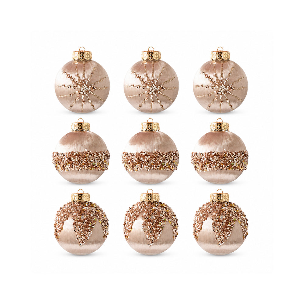 Plum Pudding Christmas Threaded Ornaments 9pk 8cm Champagne Gold
