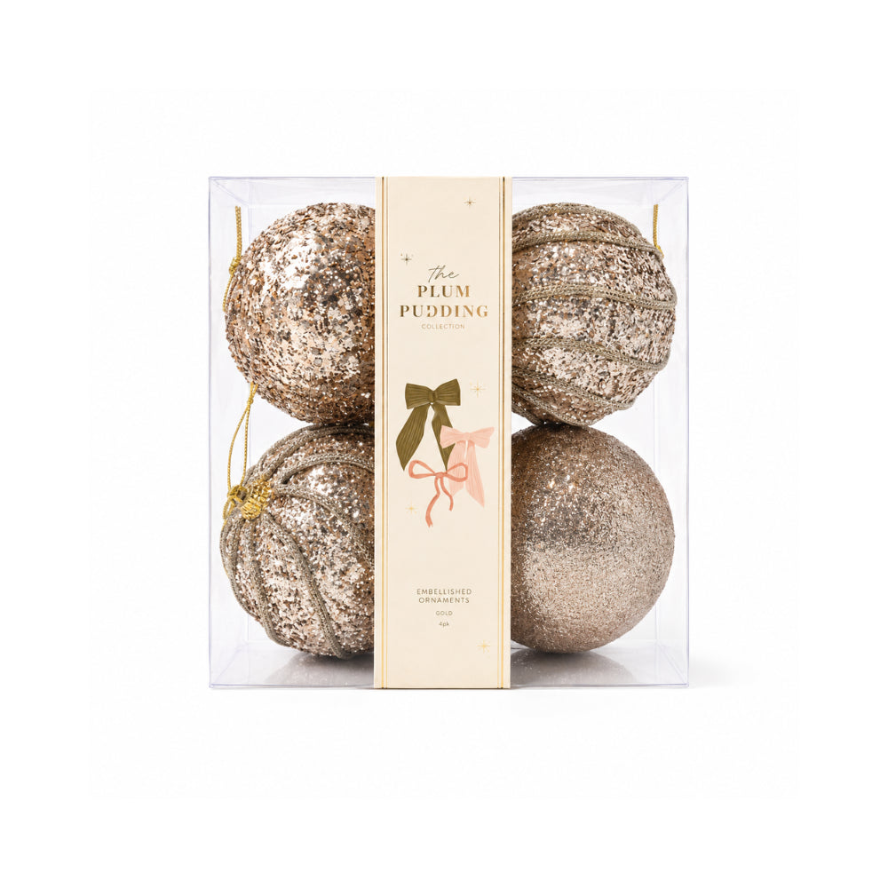 Plum Pudding Christmas Embellished Ornaments 4pk 10cm Gold