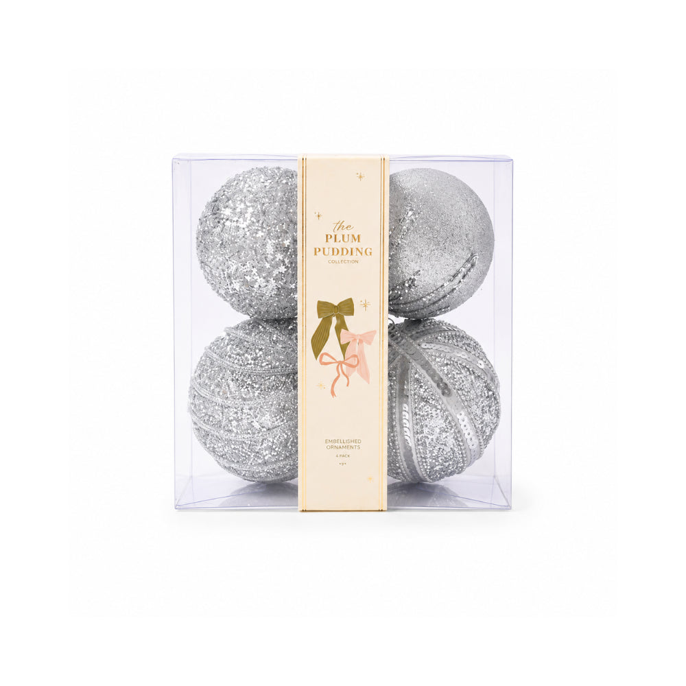 Plum Pudding Christmas Embellished Ornaments 4pk 10cm Silver