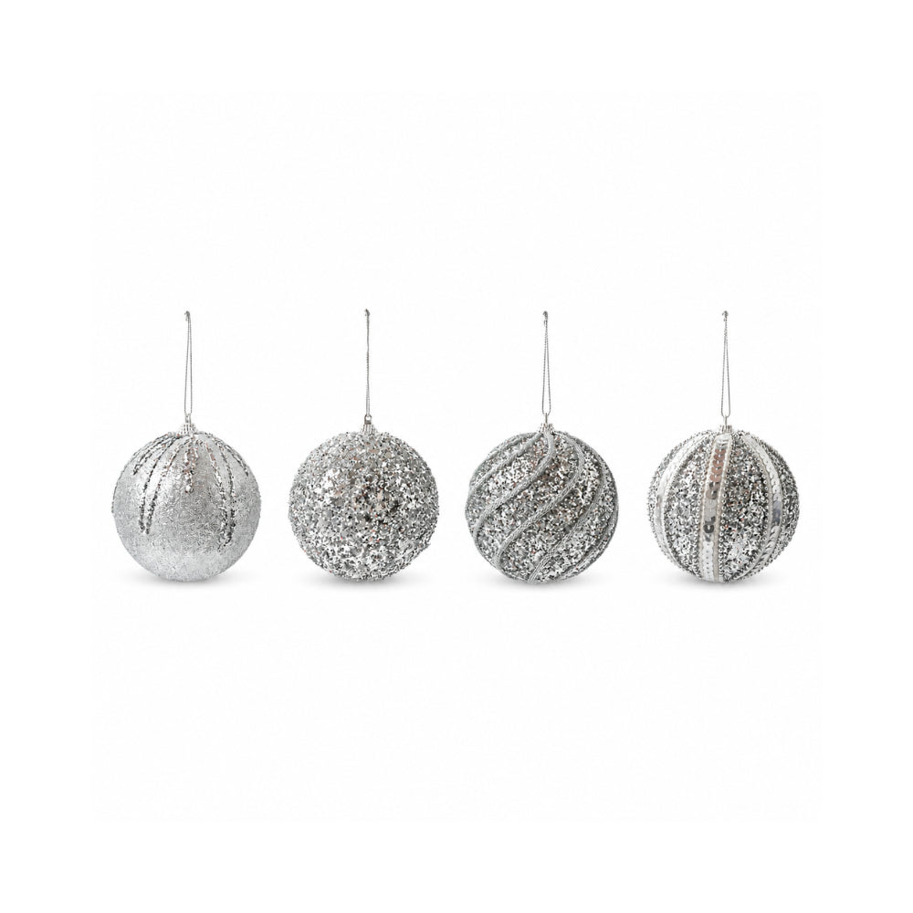 Plum Pudding Christmas Embellished Ornaments 4pk 10cm Silver