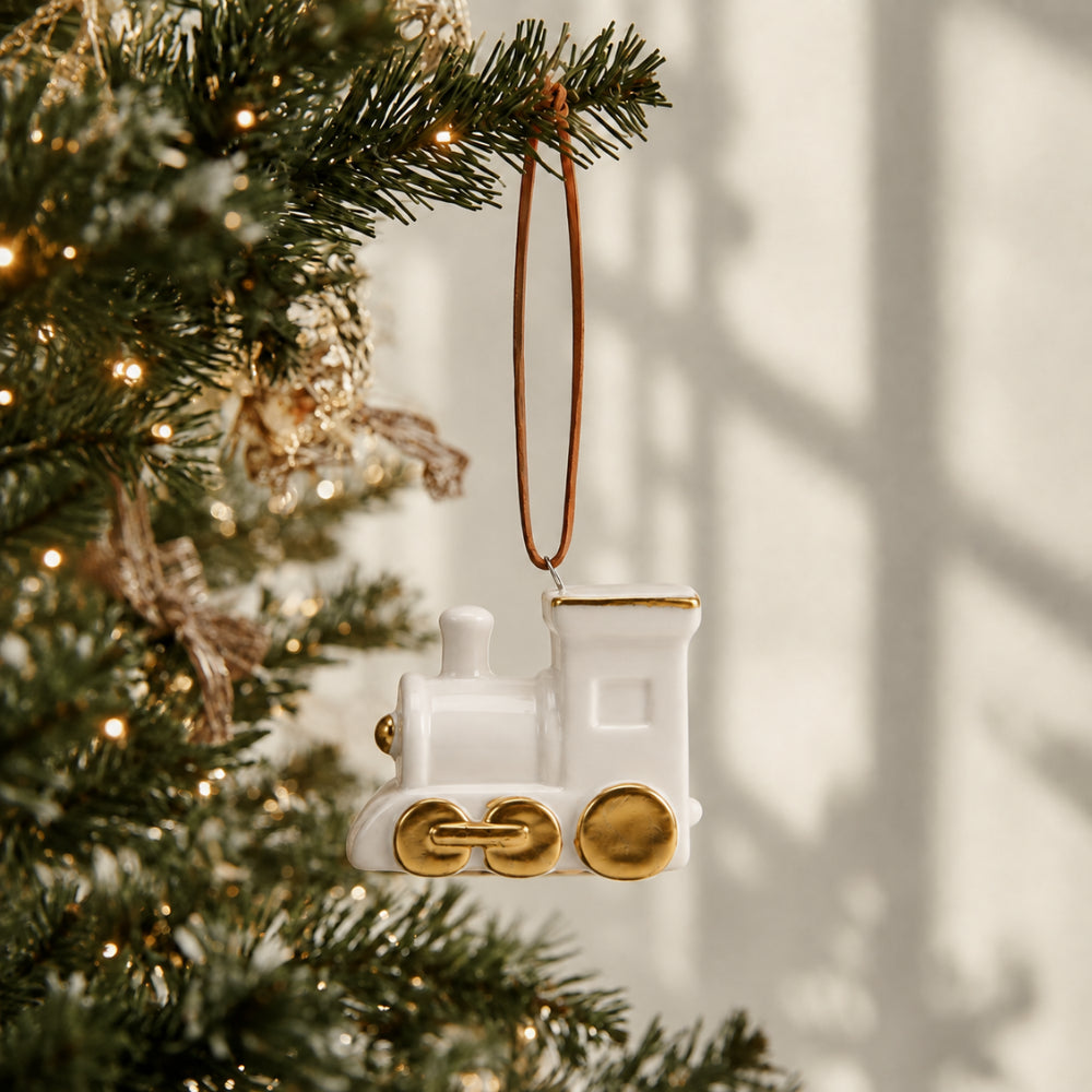 Plum Pudding Christmas Ceramic Christmas Tree Ornament Train White