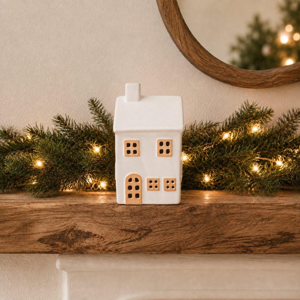 Plum Pudding Christmas Ceramic Village Decoration Medium Glazed White