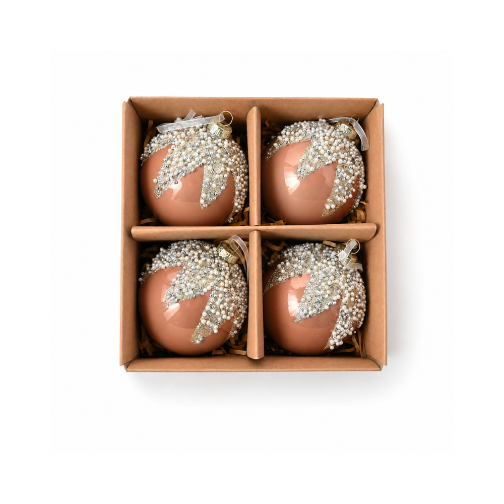 Plum Pudding Christmas Glass Christmas Ornament 4pk Gold Beaded Top