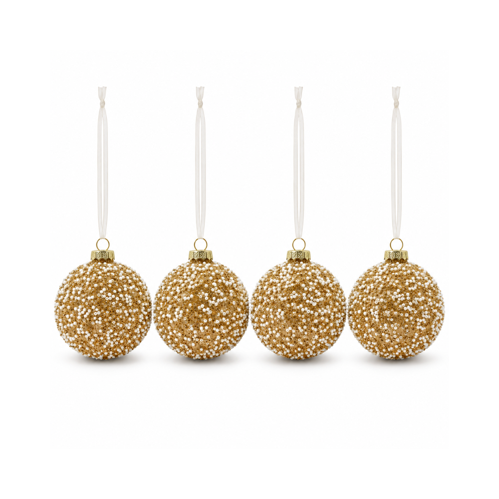 Plum Pudding Christmas Glass Christmas Ornament 4pk Beaded Gold