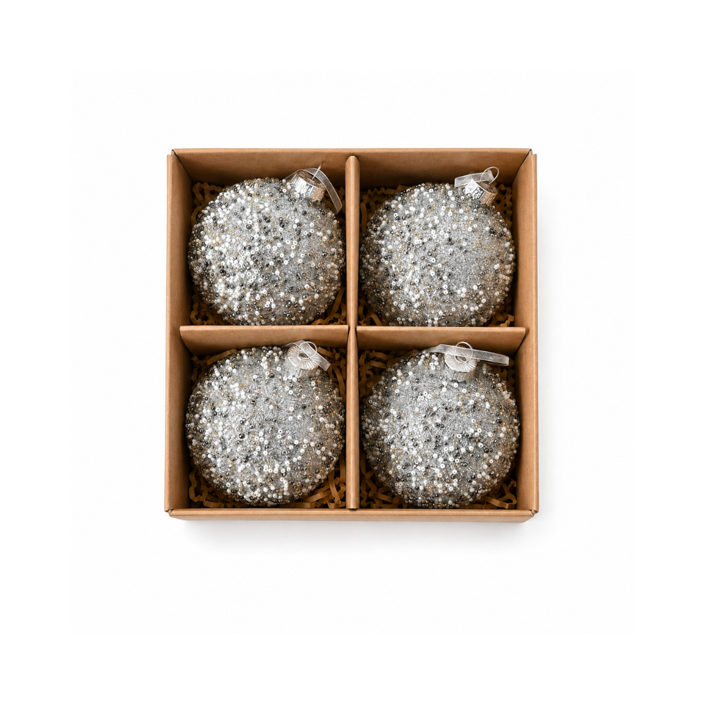 Plum Pudding Christmas Glass Christmas Ornament 4pk Beaded Silver