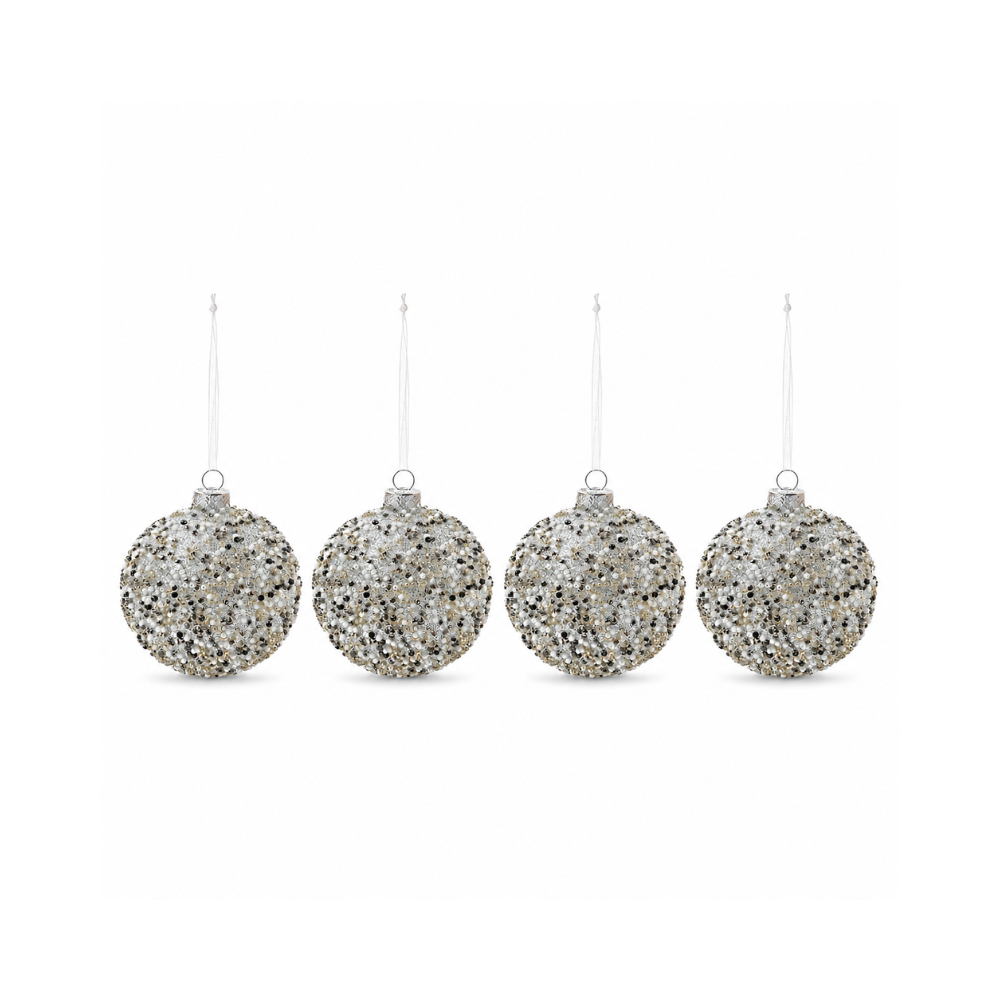 Plum Pudding Christmas Glass Christmas Ornament 4pk Beaded Silver