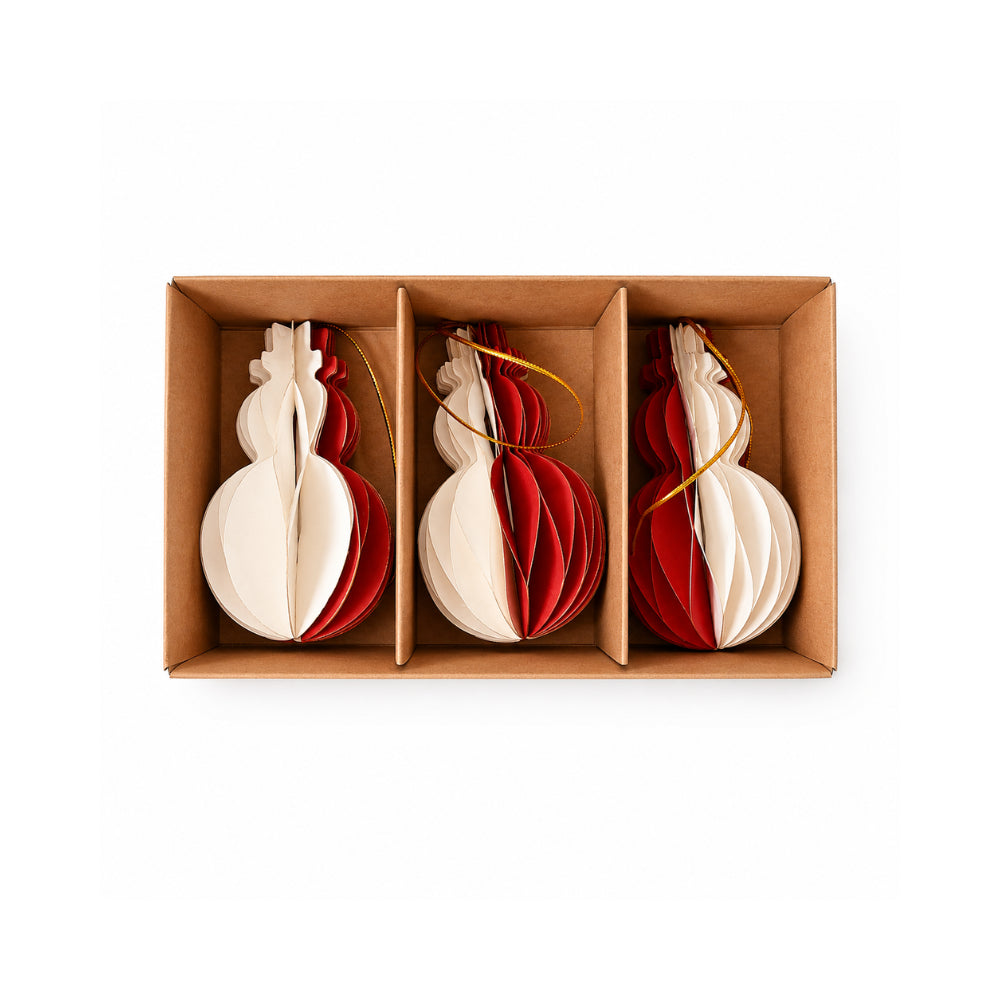 Plum Pudding Christmas Paper Snowman Ornaments 3pk Red & Cream