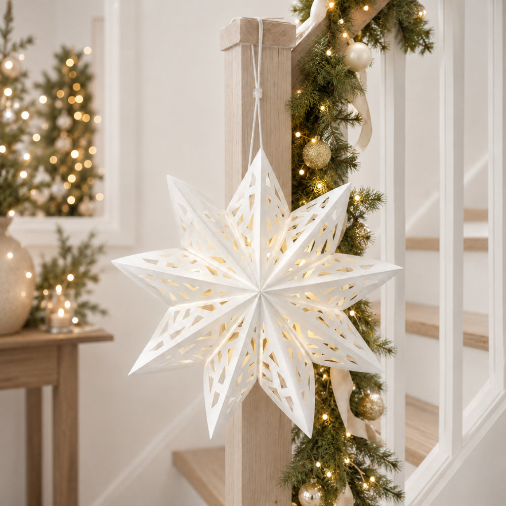Plum Pudding Christmas 9 Pointed Paper Star 40cm with lights Cream