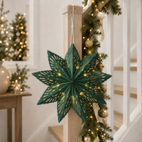 Plum Pudding Christmas 9 Pointed Paper Star 40cm with lights Green