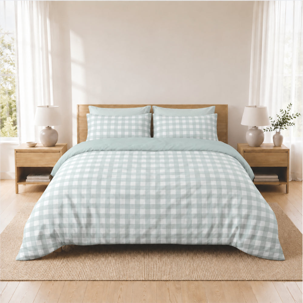 K&Co. House Series Sunwashed Quilt Cover Set King - SAGE GINGHAM