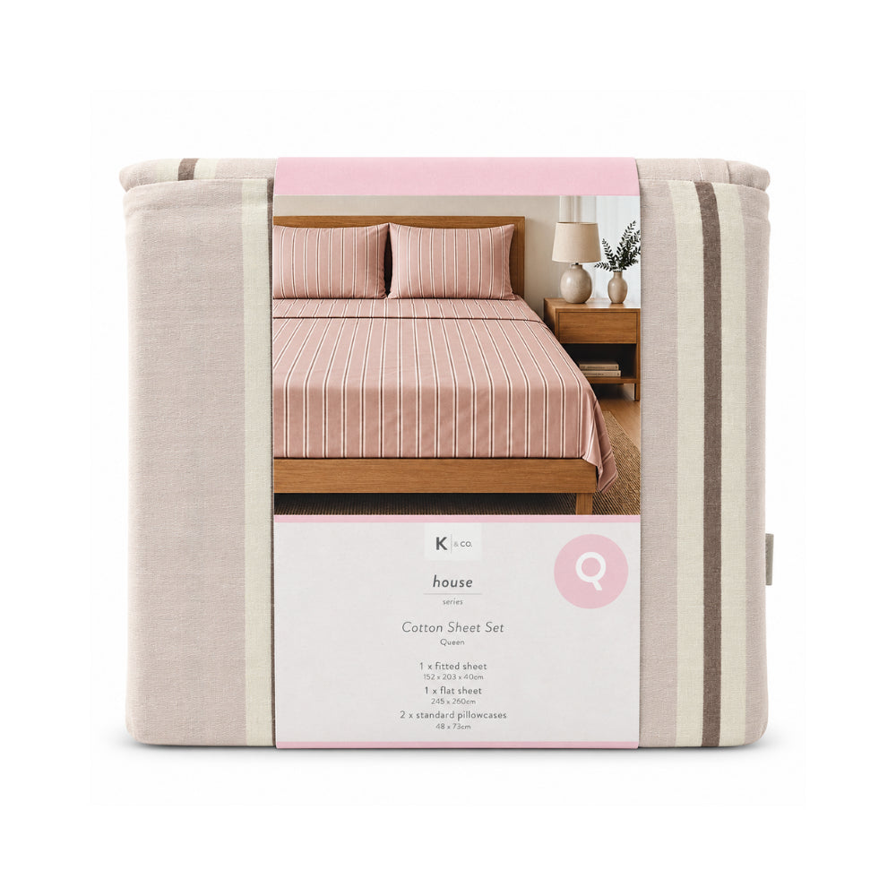 K&Co. House Series Cotton Sheet Set Queen - LATTE STRIPE