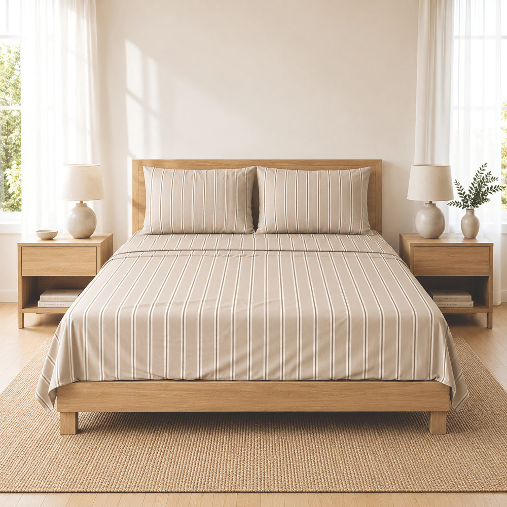 K&Co. House Series Cotton Sheet Set King - LATTE STRIPE