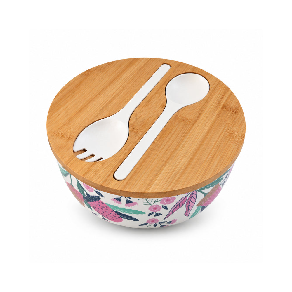 K&Co. Lagoon Series Bamboo Salad Bowl with Servers - BANKSIA BUDS