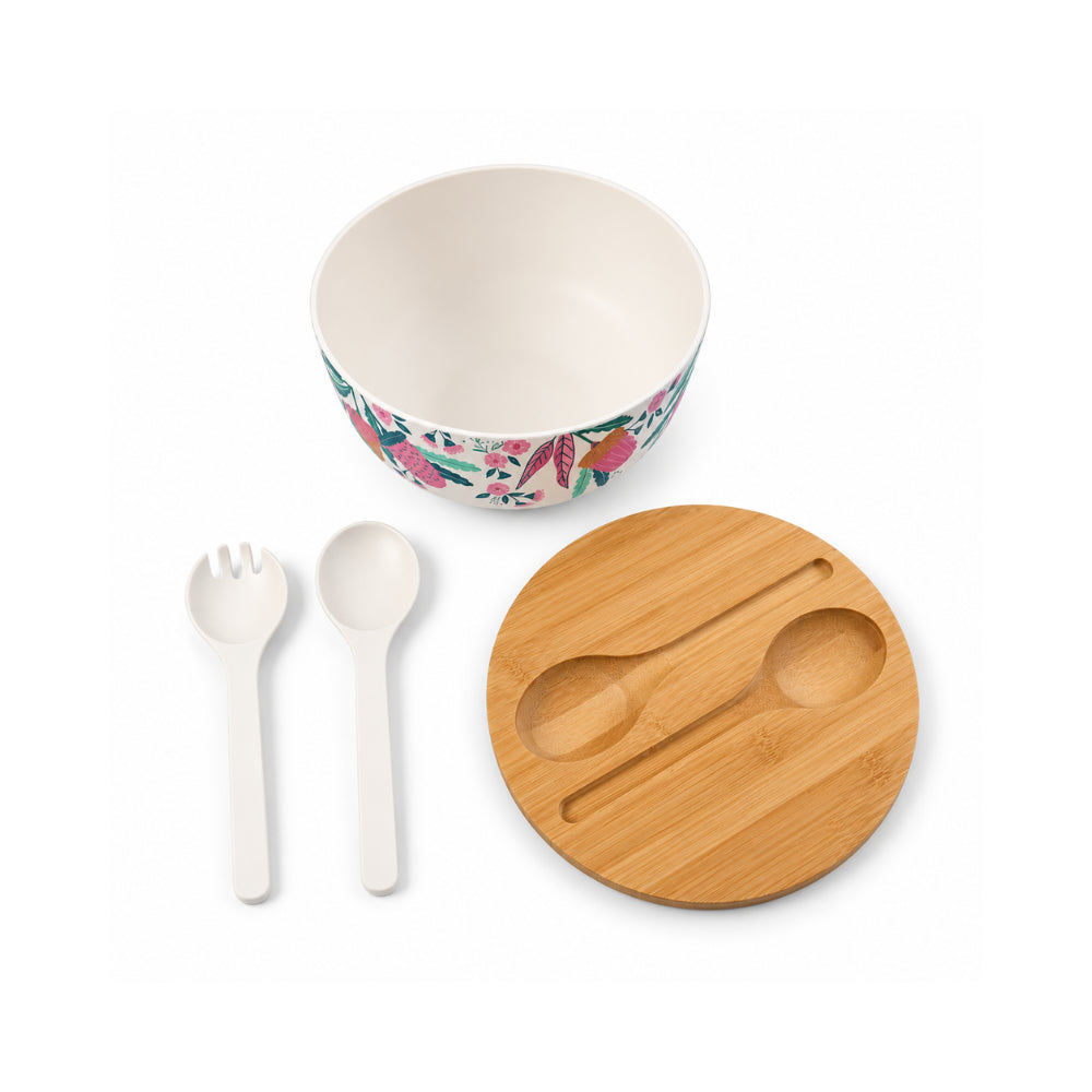 K&Co. Lagoon Series Bamboo Salad Bowl with Servers - BANKSIA BUDS