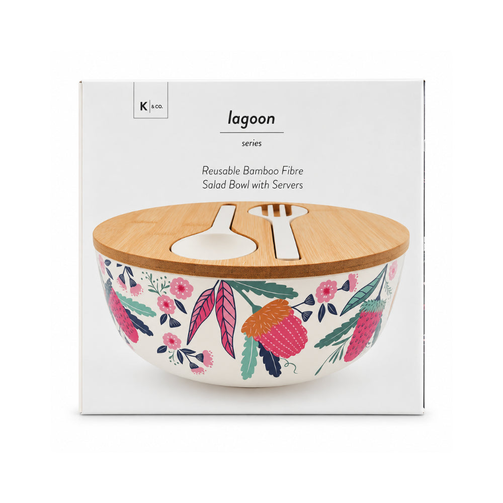 K&Co. Lagoon Series Bamboo Salad Bowl with Servers - BANKSIA BUDS