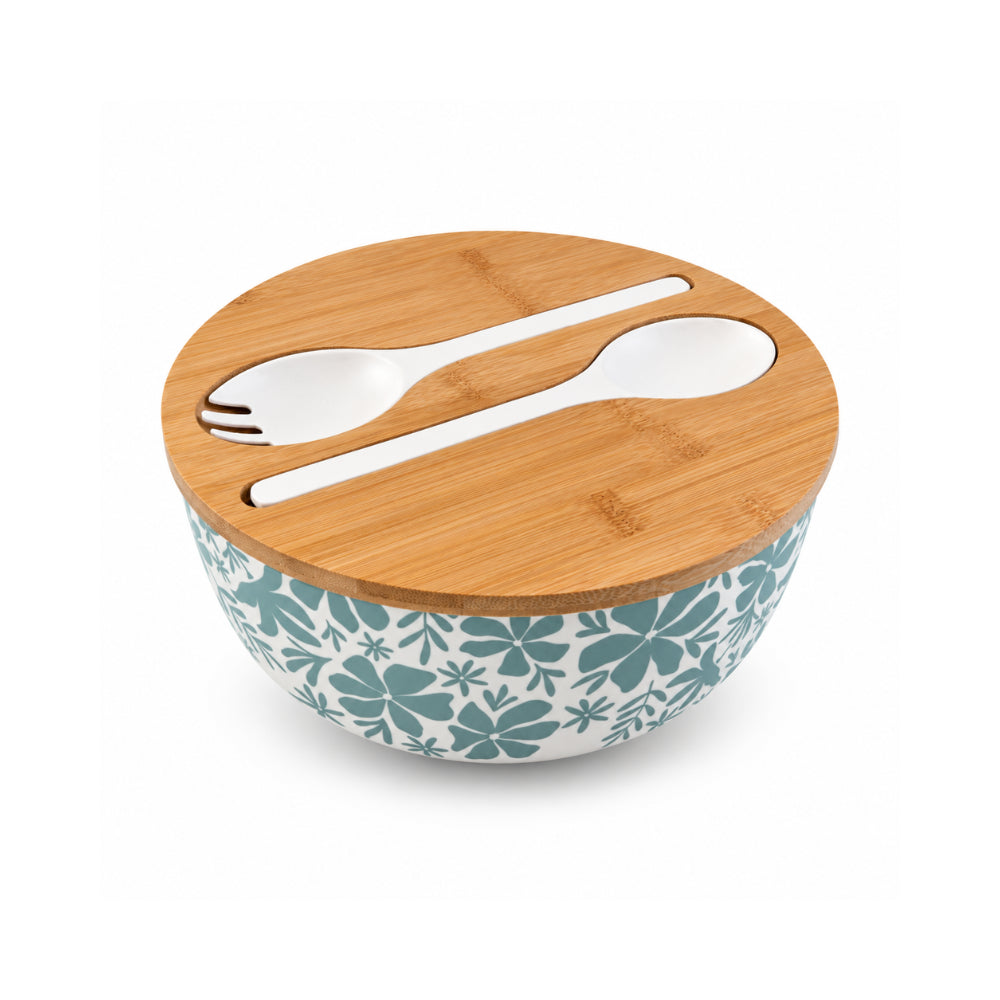K&Co. Lagoon Series Bamboo Salad Bowl with Servers - SAGE TROPIC FLORAL