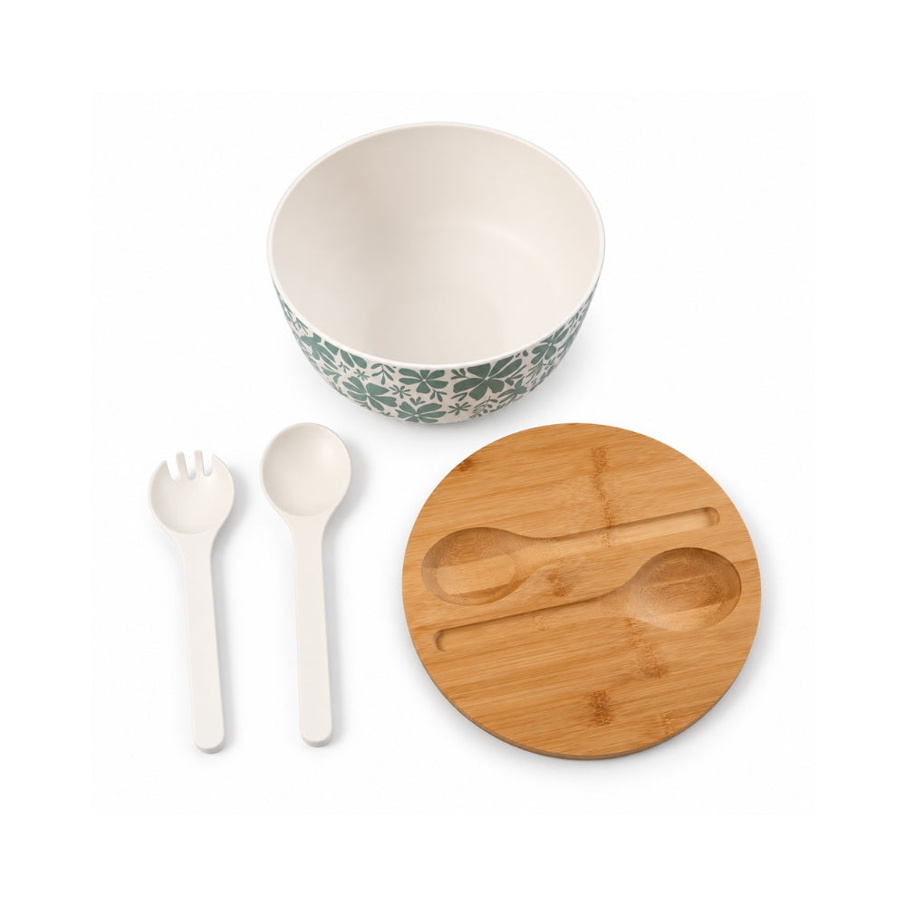 K&Co. Lagoon Series Bamboo Salad Bowl with Servers - SAGE TROPIC FLORAL