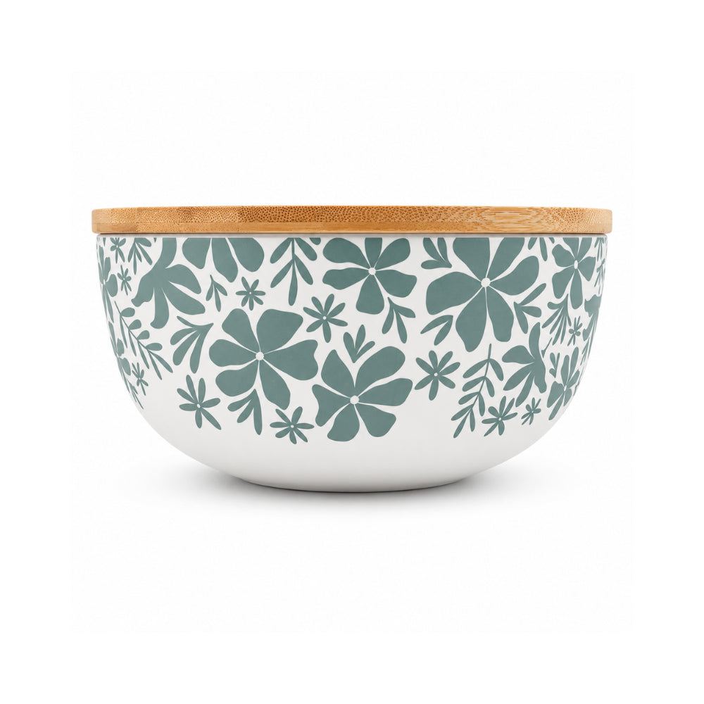 K&Co. Lagoon Series Bamboo Salad Bowl with Servers - SAGE TROPIC FLORAL
