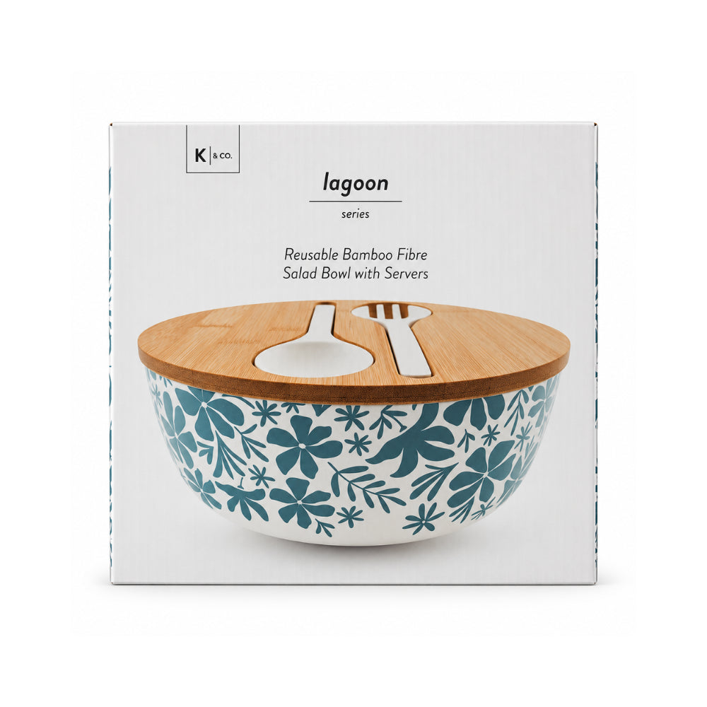 K&Co. Lagoon Series Bamboo Salad Bowl with Servers - SAGE TROPIC FLORAL
