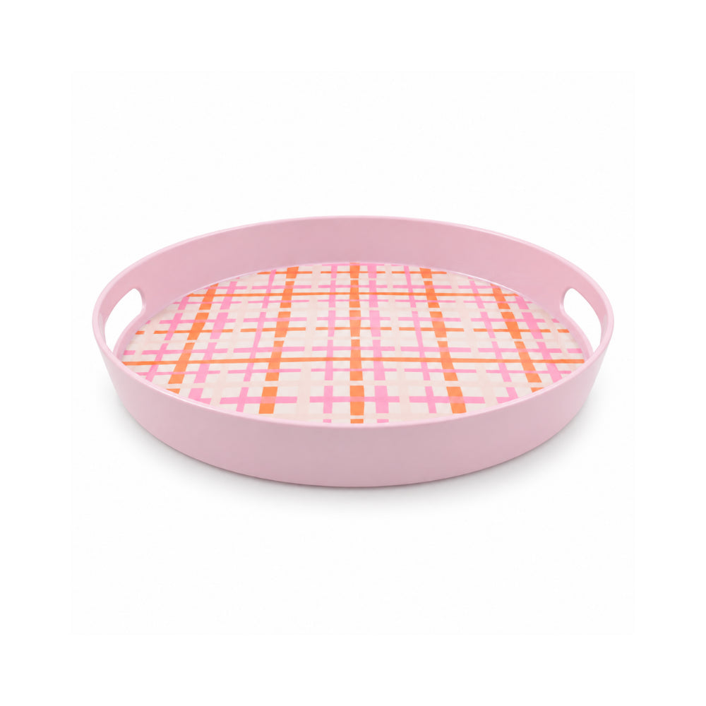 The Grapefruit Collection Melamine Round Tray - PINK STRIPE CHECK