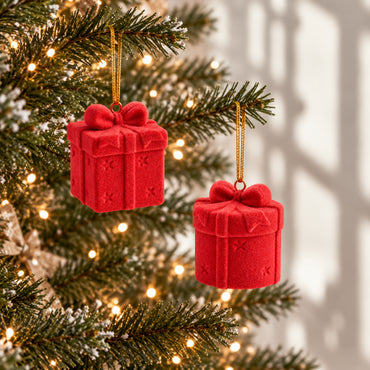 Holly Days Christmas Collection Velvet Present Tree Decoration 2 Pack - RED