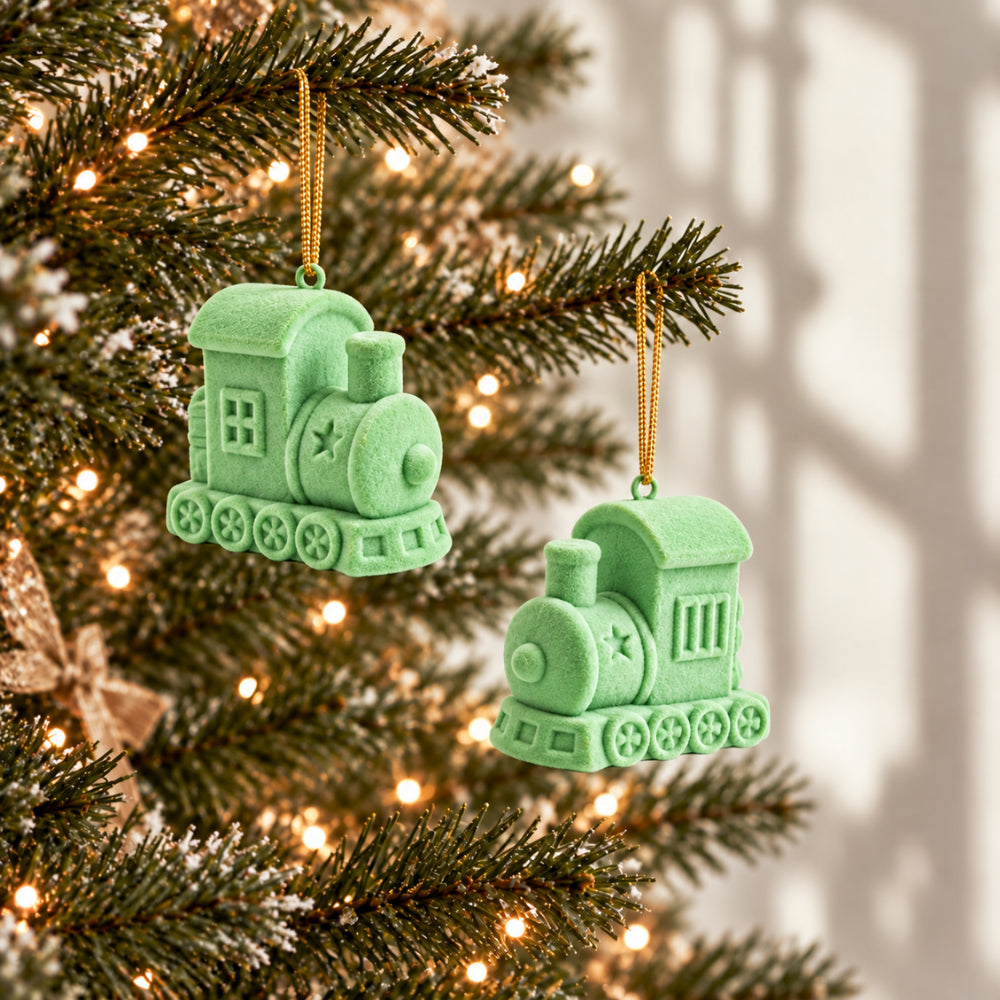 Holly Days Christmas Collection Velvet Train Tree Decoration 2 Pack - GREEN