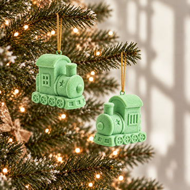 Holly Days Christmas Collection Velvet Train Tree Decoration 2 Pack - GREEN