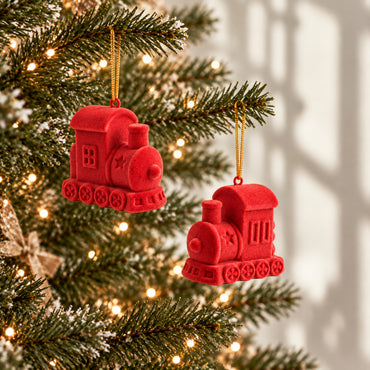 Holly Days Christmas Collection Velvet Train Tree Decoration 2 Pack - RED