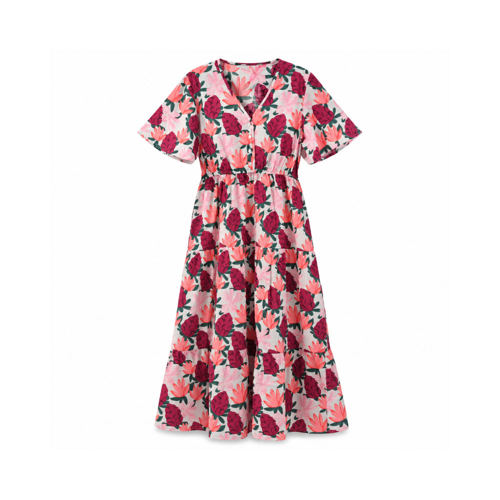 Sun and Sea Collection Cotton Midi Tierred Dress - BLUE TROPICANA