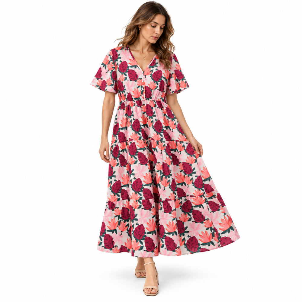 Sun and Sea Collection Cotton Midi Tierred Dress - BLUE TROPICANA