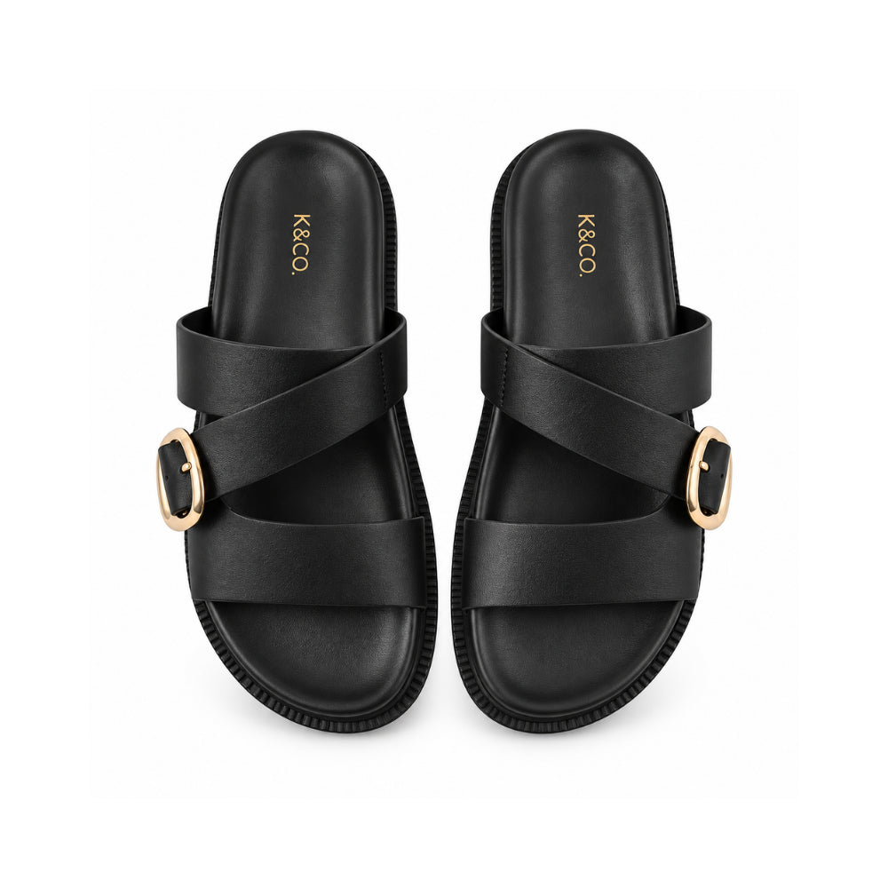 Sun and Sea Collection Leather Buckle Strap Slides - BLACK