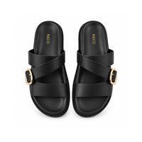Sun and Sea Collection Leather Buckle Strap Slides - BLACK