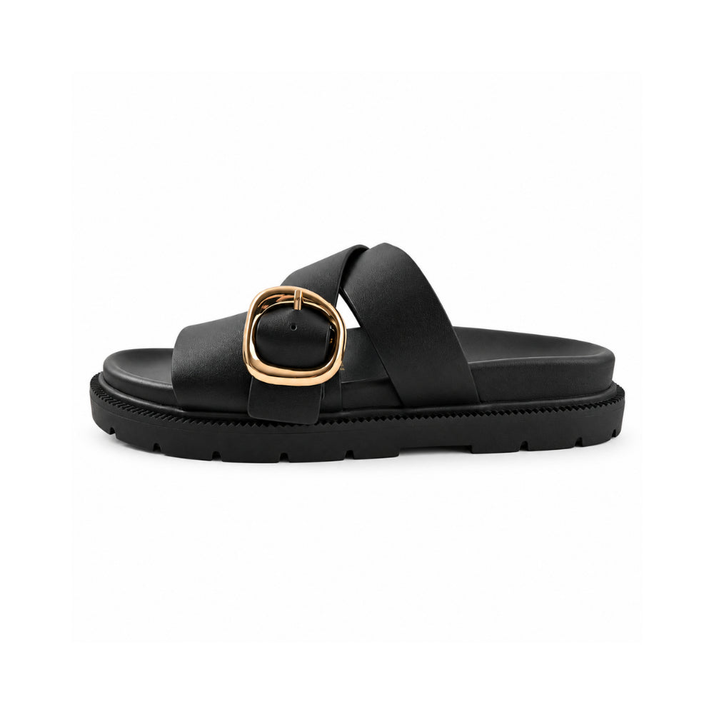 Sun and Sea Collection Leather Buckle Strap Slides - BLACK
