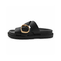 Sun and Sea Collection Leather Buckle Strap Slides - BLACK