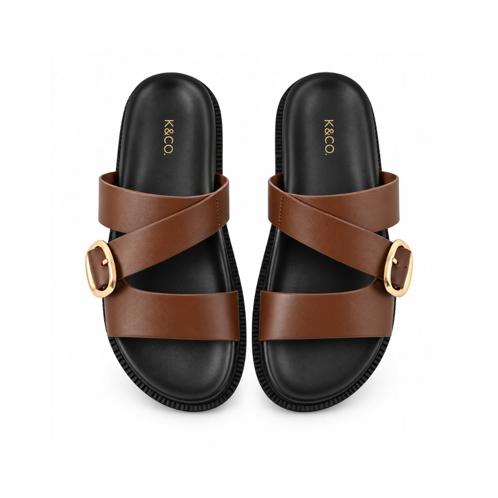 Sun and Sea Collection Leather Buckle Strap Slides - CHOCOLATE